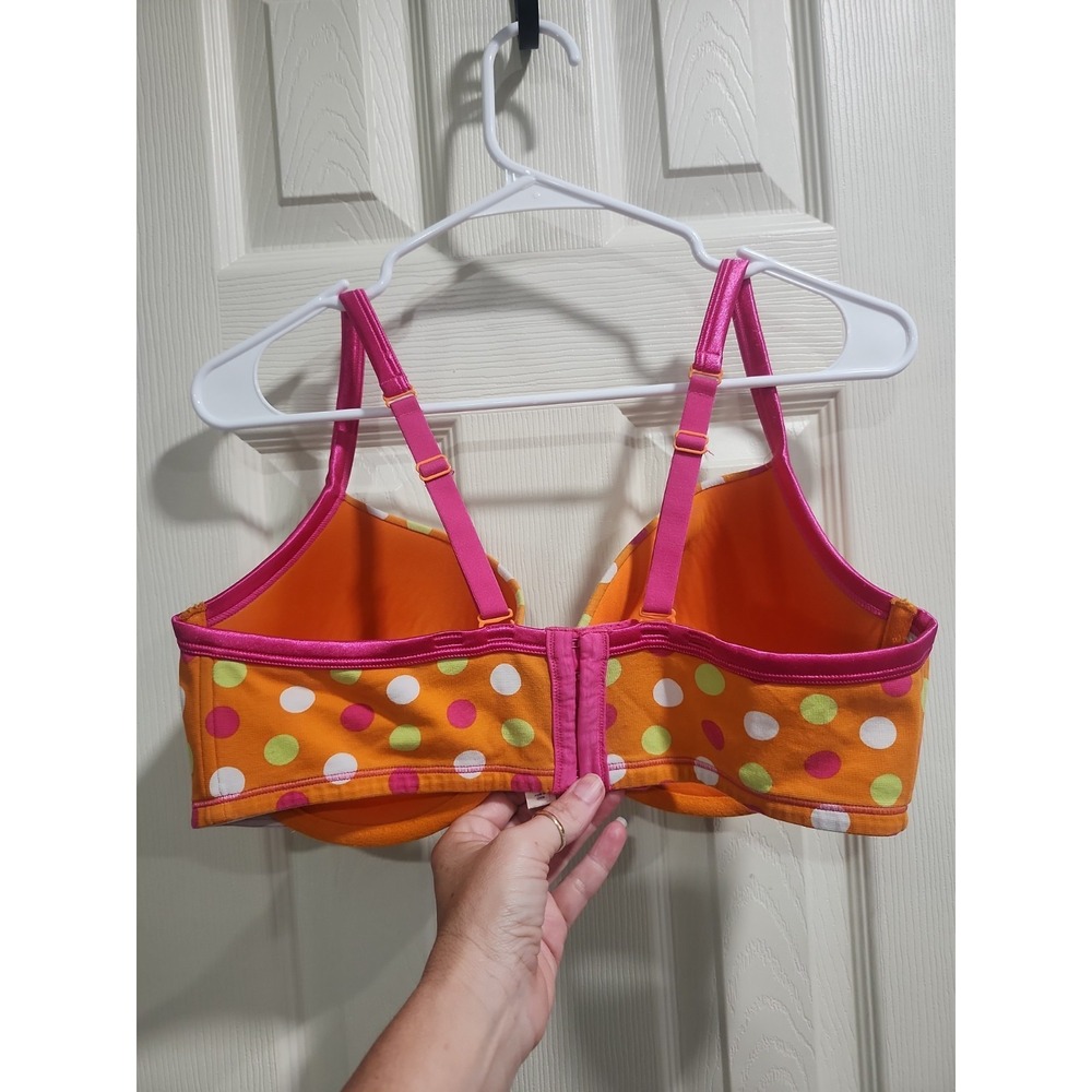Cacique Bra Underwire Orange Hot Pink Polka Dots Cotton 40DDD Convertible Straps - Picture 6 of 15